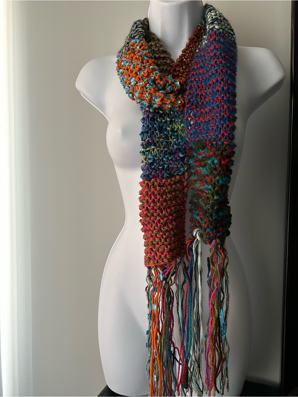 Handcrafted Multicolor Knit Fringe Scarf - Colorful Women’s Wrap